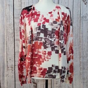 TSE‎ M Sweater Twinset Red White Art to Wear Cardigan Tank Top 100% Cotton